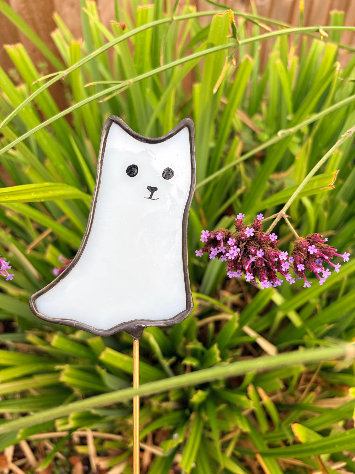 Custom Stained glass cat ghost plant stake