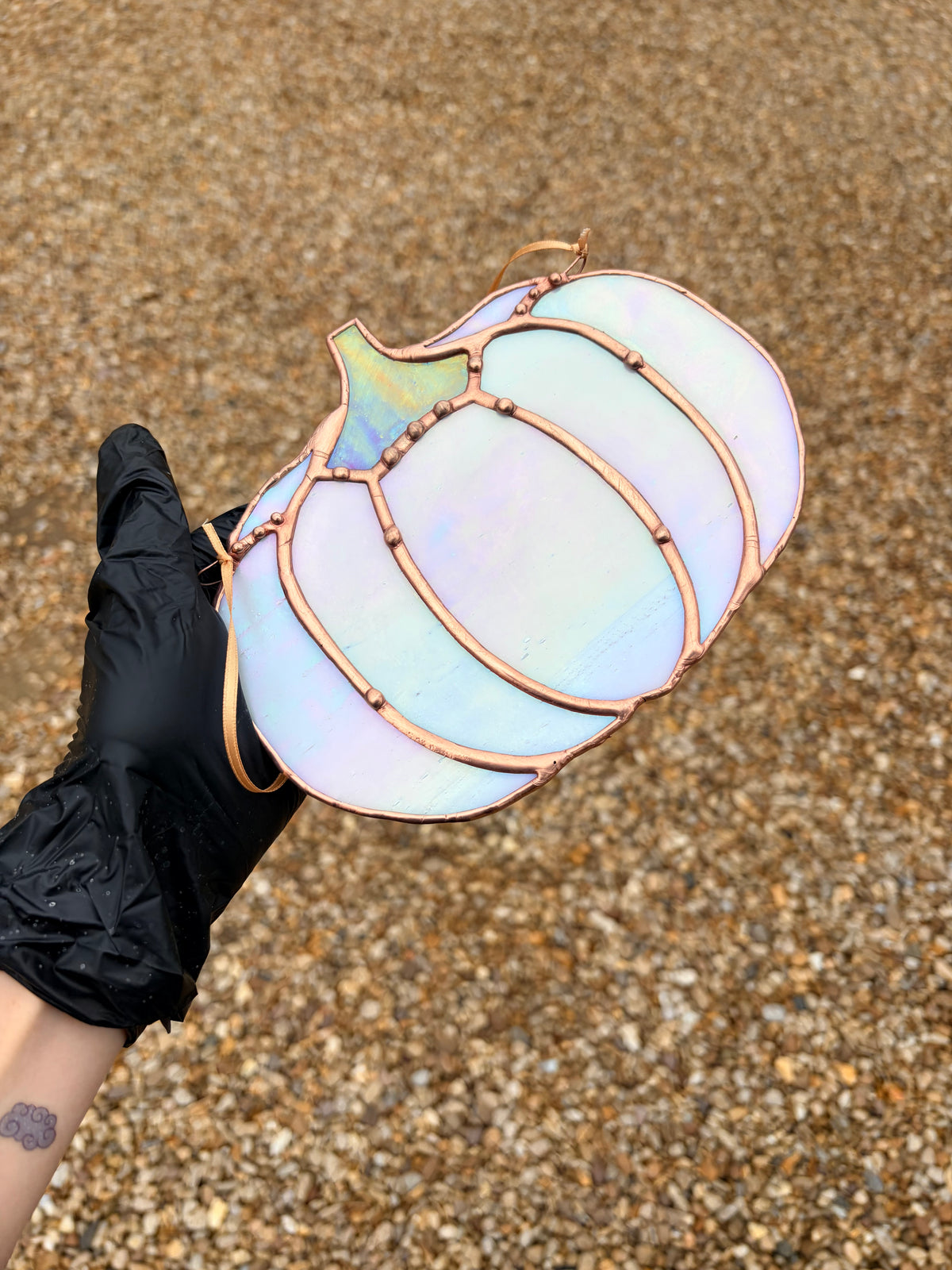 stained glass pumpkin in iridescent white with copper patina solder