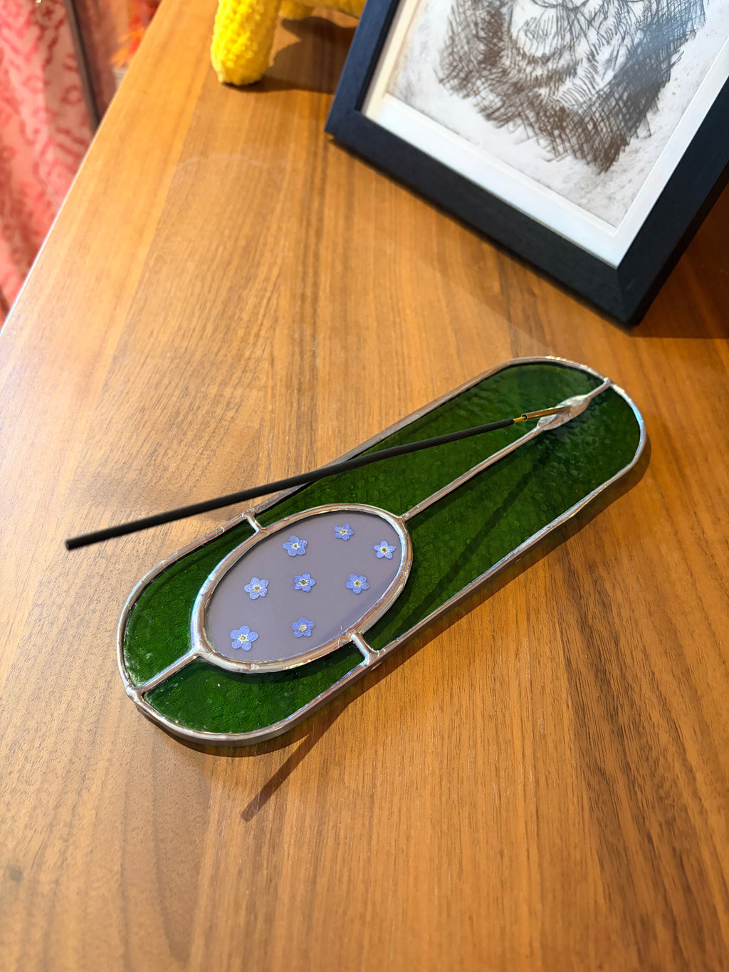 incense stick holder made with stained glass containing real forget-me-not flowers