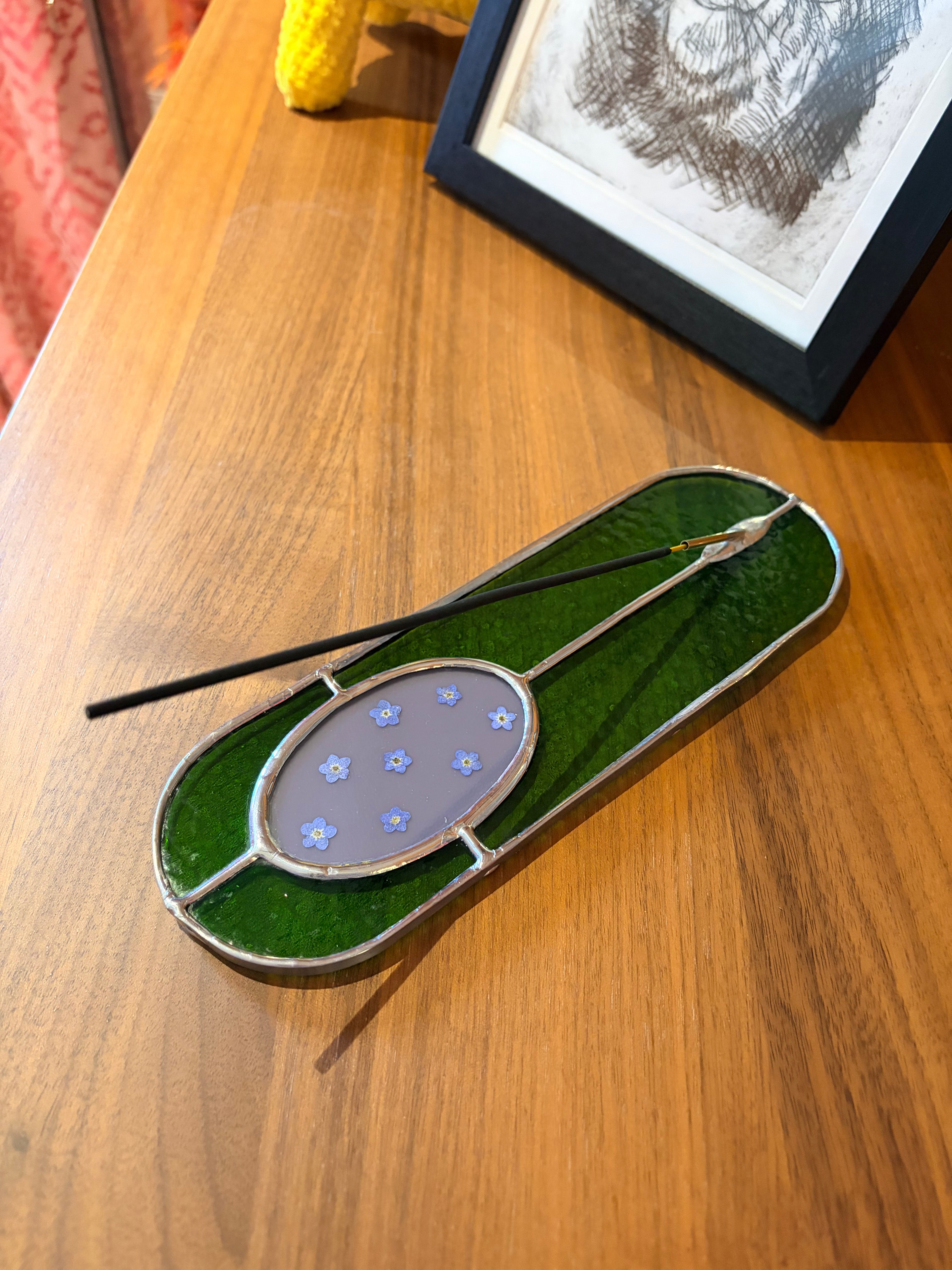 incense stick holder made with stained glass containing real forget-me-not flowers