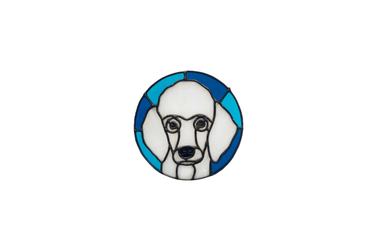 Stained glass dog portrait with blue and white colors on a white background