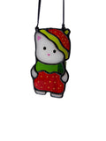Stained glass cat ornament dressed as a strawberry